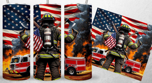 Firefighters with American flags black smoke